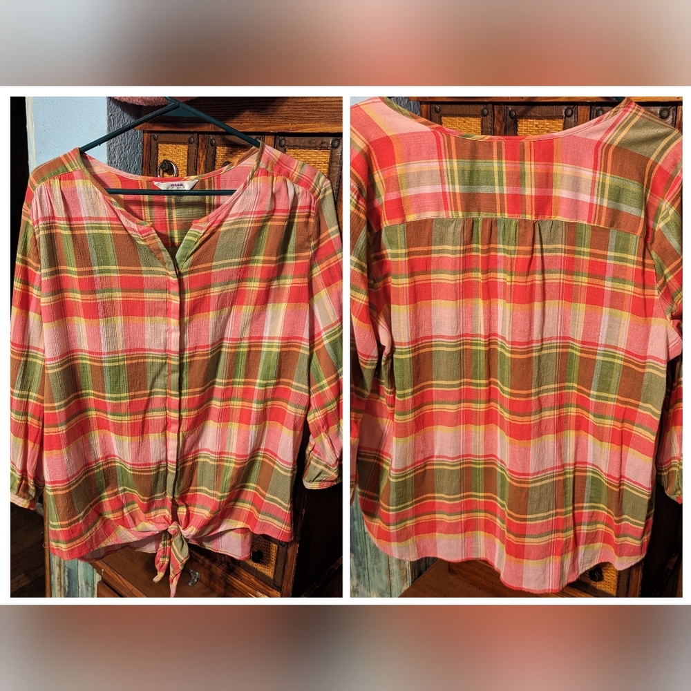 AUA PLUS 16W BLOUSE PINK, GREEN YELLOW, PLEATED BACK, TIE KNOT, PRE-LOVED, CUTE - Picture 3 of 6